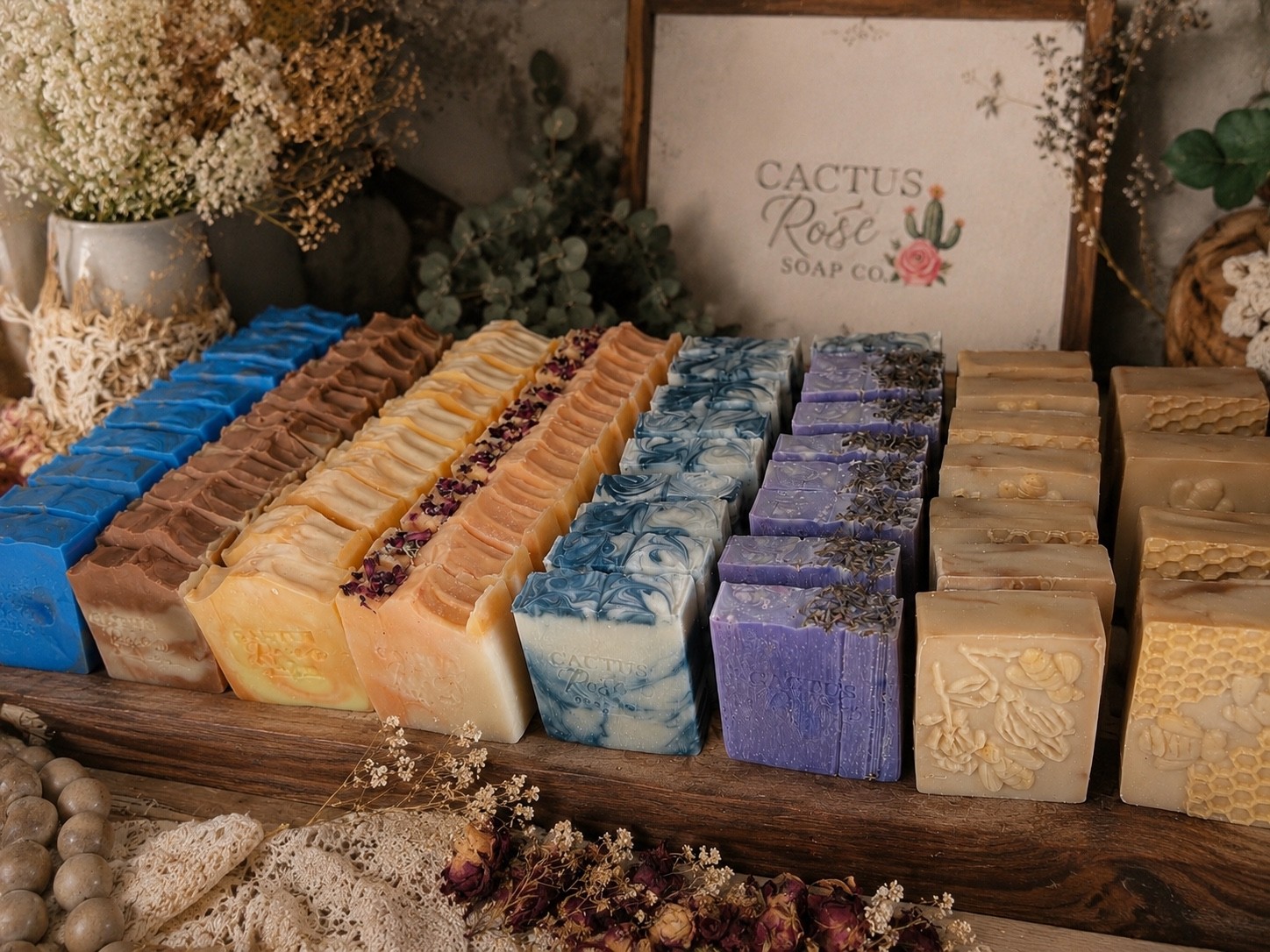 A handcrafted display of Cactus Rose Soap Co. soaps